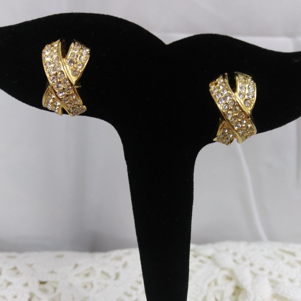 Gold Tone Rhinestone Chris-Cross Earrings 13$